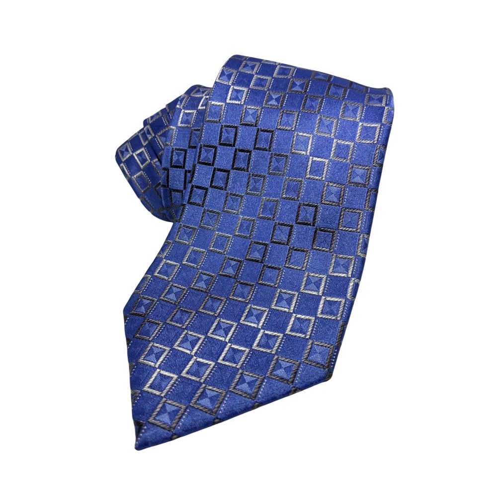 Van Heusen Mens Blue Silver Geometric Square Pattern Stain Resistant Silk Tie